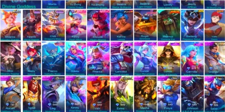ML622 365 Skins, Legend Lunox Divine Goddess, Collector Pharsa and Natalia, Attack on Titan Mikasa, Aspirant Ruby and Angela, Prime Skins (G)